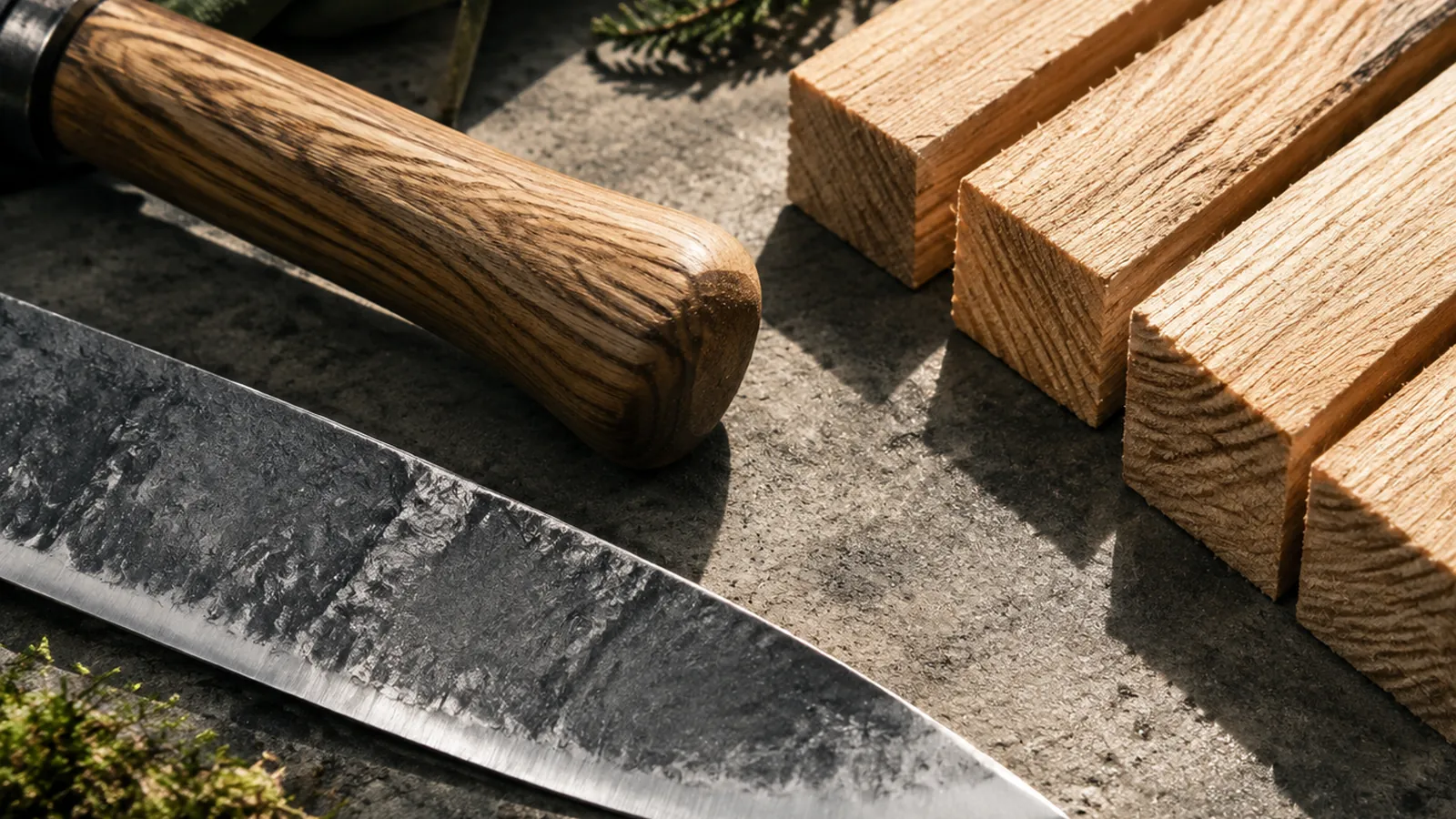 Materialstudie: geschmiedete Stahlklinge, geölter Eschenholm und zugeschnittene Lärchenbretter auf Beton