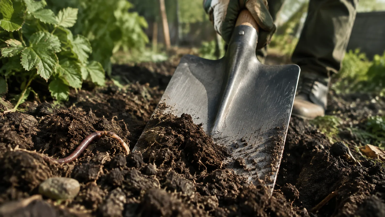 Nahaufnahme: das Blatt eines Gartenspatens dringt in dunkle, krümelige Erde, eine behandschuhte Hand hält den Eschenholm