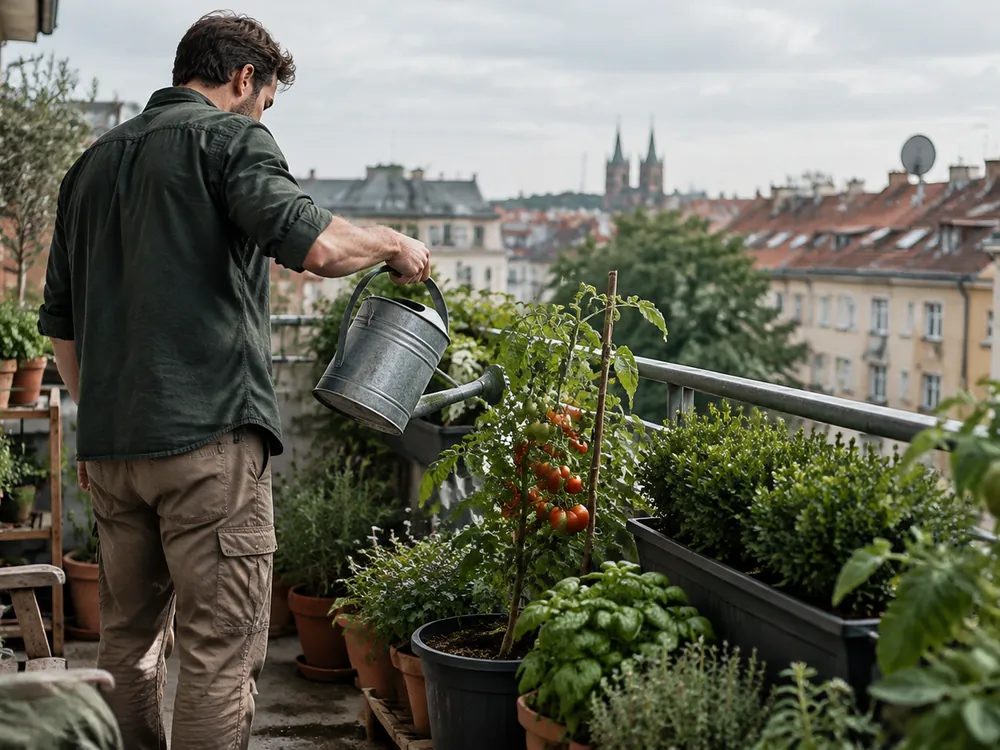Foto: Mann in Arbeitskleidung gießt Tomatenpflanzen auf einem Stadtbalkon, deutsche Dächer im Hintergrund