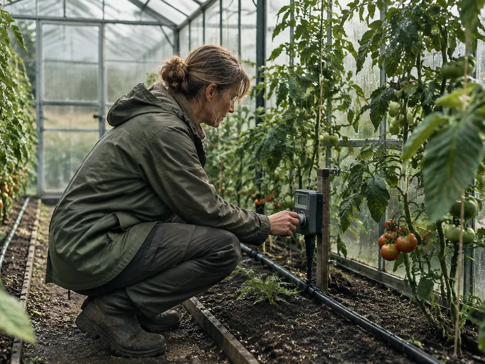 Foto: Frau prüft eine Bewässerungsuhr zwischen Tomatenpflanzen in einem Glasgewächshaus