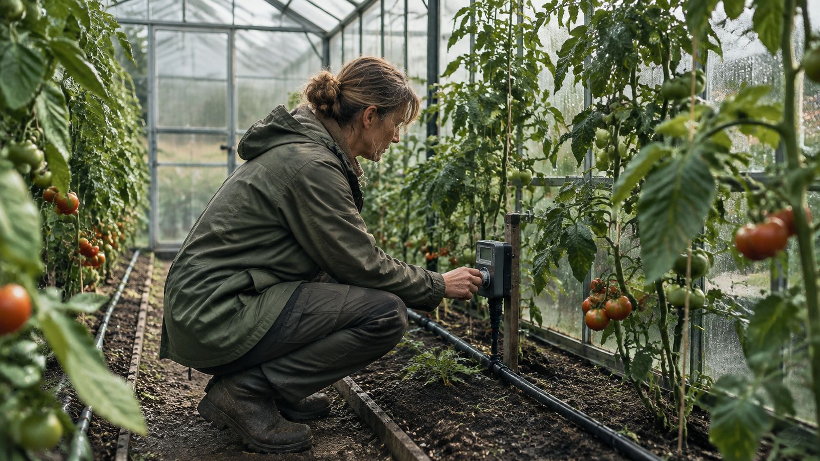 Foto: eine Frau prüft zwischen Tomatenpflanzen in einem Glasgewächshaus eine Bewässerungsuhr